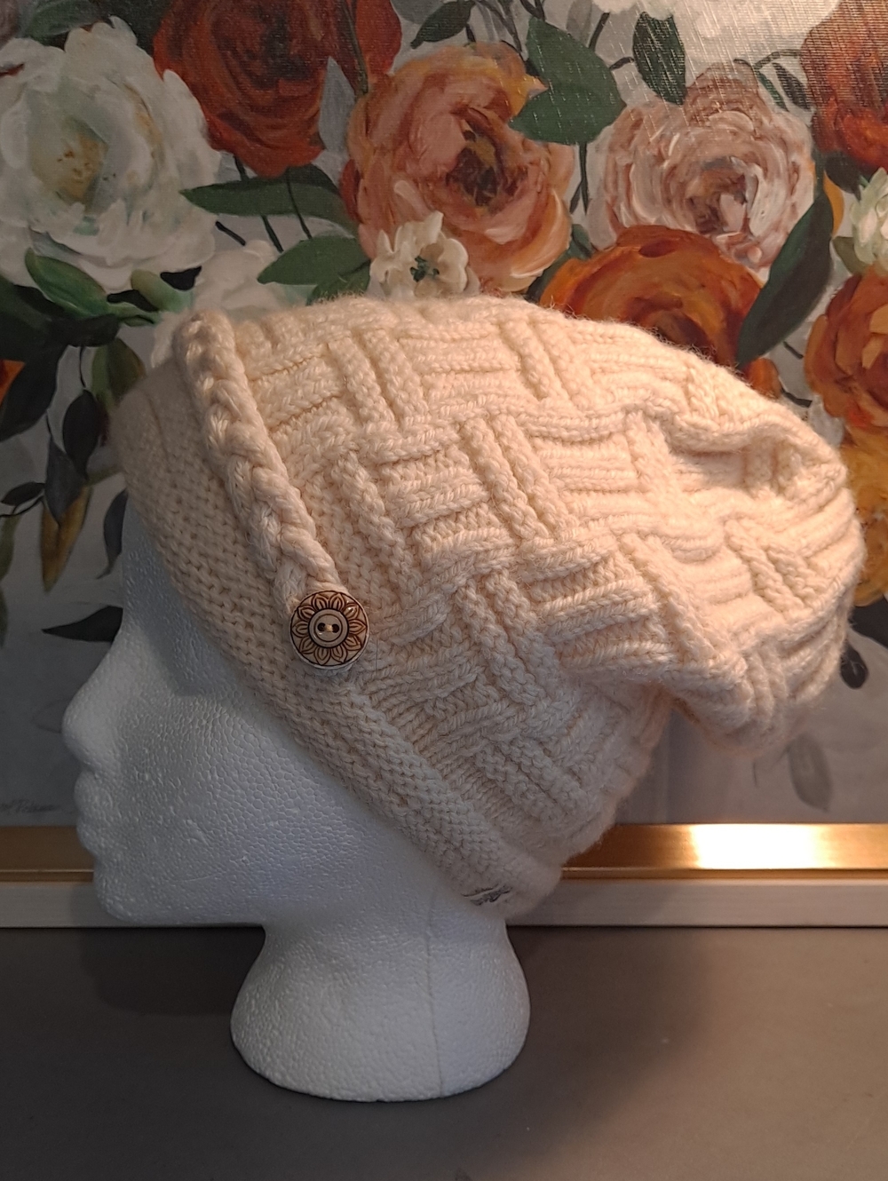 Nirvanna Designs Handknit Wool Textured Cable Knit Slouch Beanie - Cream